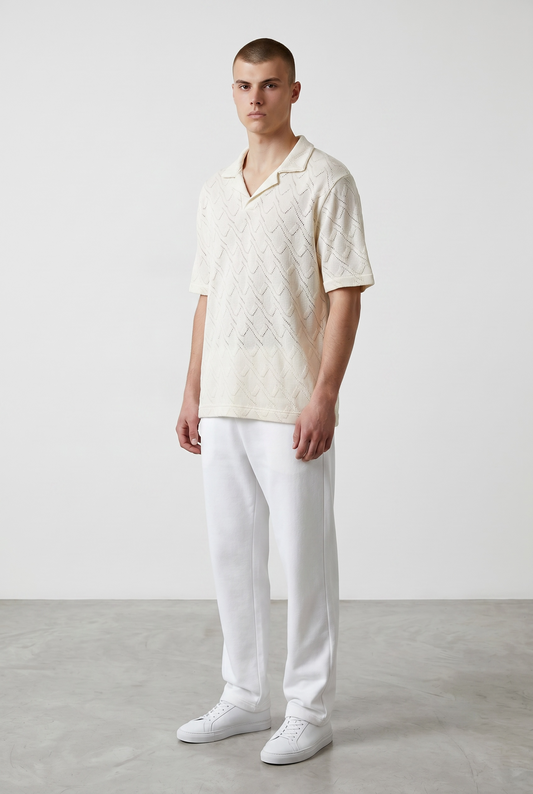 Beige perforated knit polo