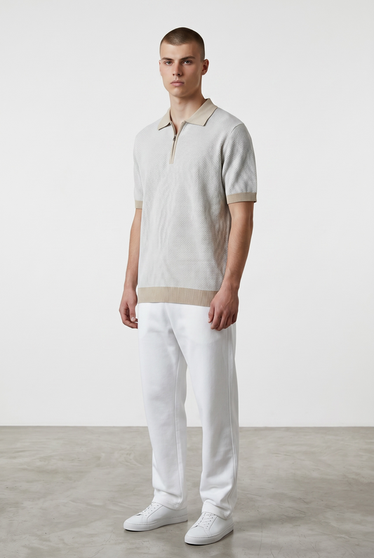 Beige textured knit polo