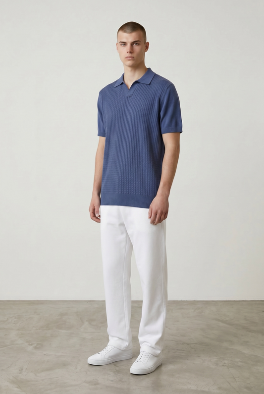 Dark blue braided knit polo
