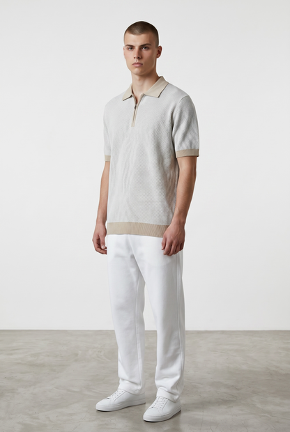 Beige textured knit polo