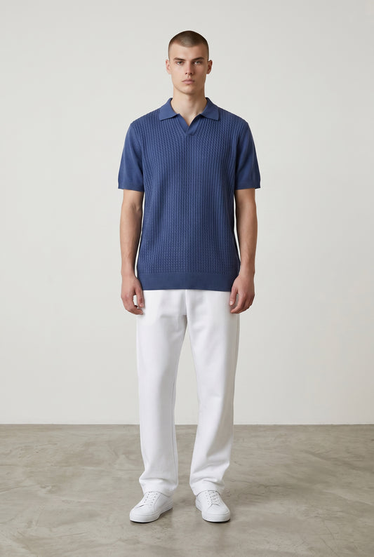 Dark blue braided knit polo