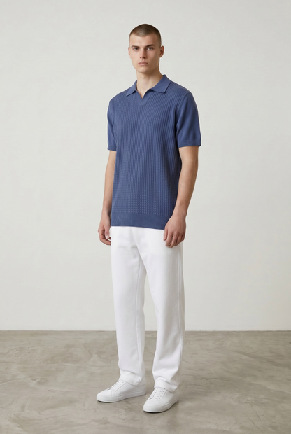 Dark blue braided knit polo