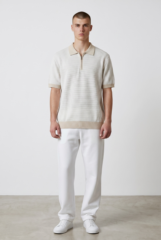 Beige textured knit polo