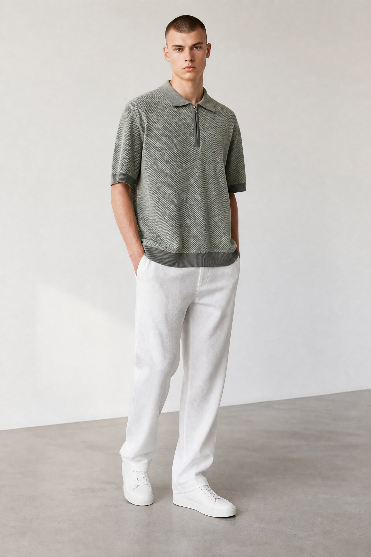 Olive textured knit polo