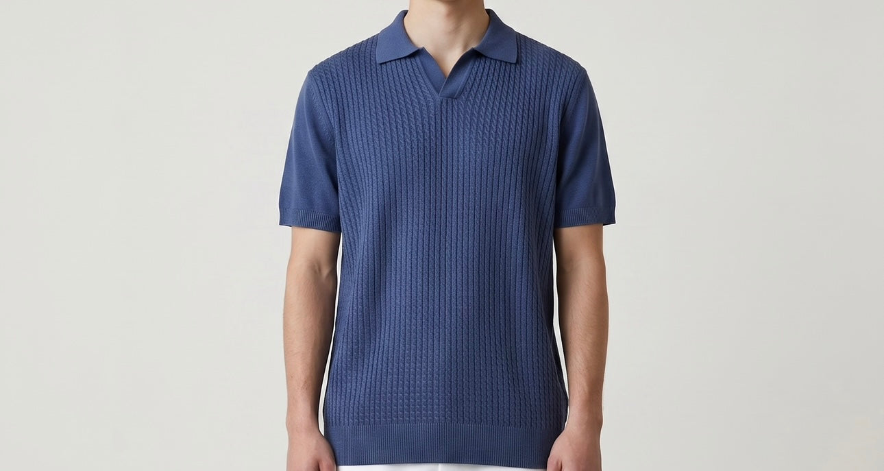 Dark blue braided knit polo